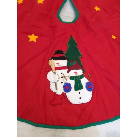 Vintage Sticks Twigs Felt Christmas Tree Skirt Snowman Stars Holly Applique 44" - Picture 2 of 10